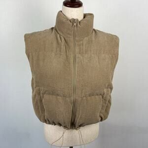 Beivy Boutique Cropped Corduroy Zip Up Putter Vest Latte Beige Womens MEDIUM NWT